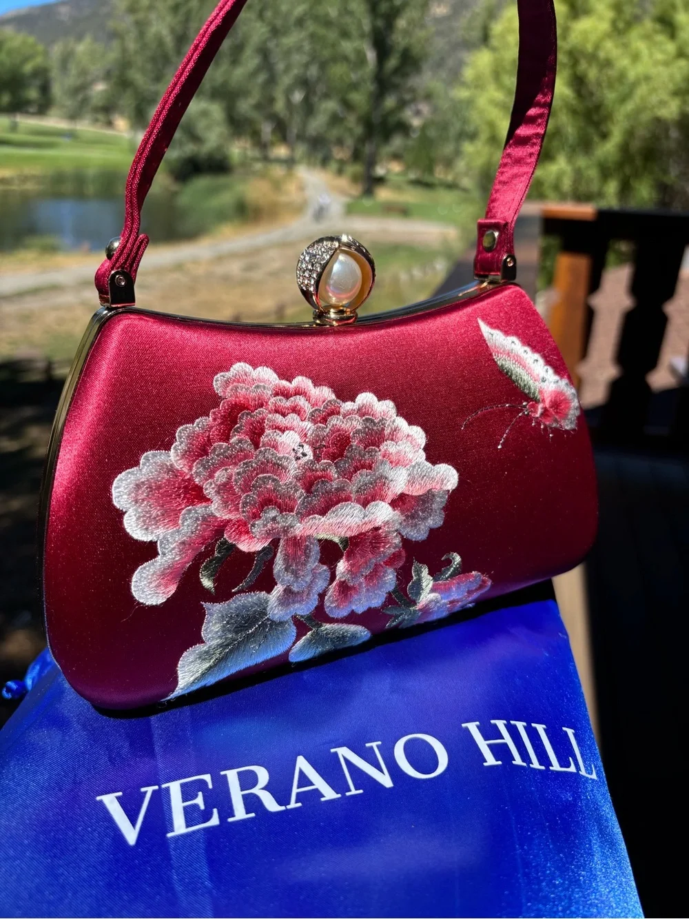 Verano Hill Red Satin Floral Top-Handle Evening Bag & Crossbody chain
